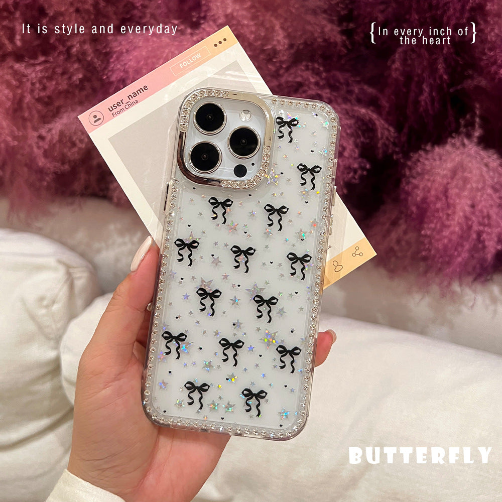 Suitable for iphone17air flash diamond mobile phone case black bow apple 16pro trendy diamond protective case 15