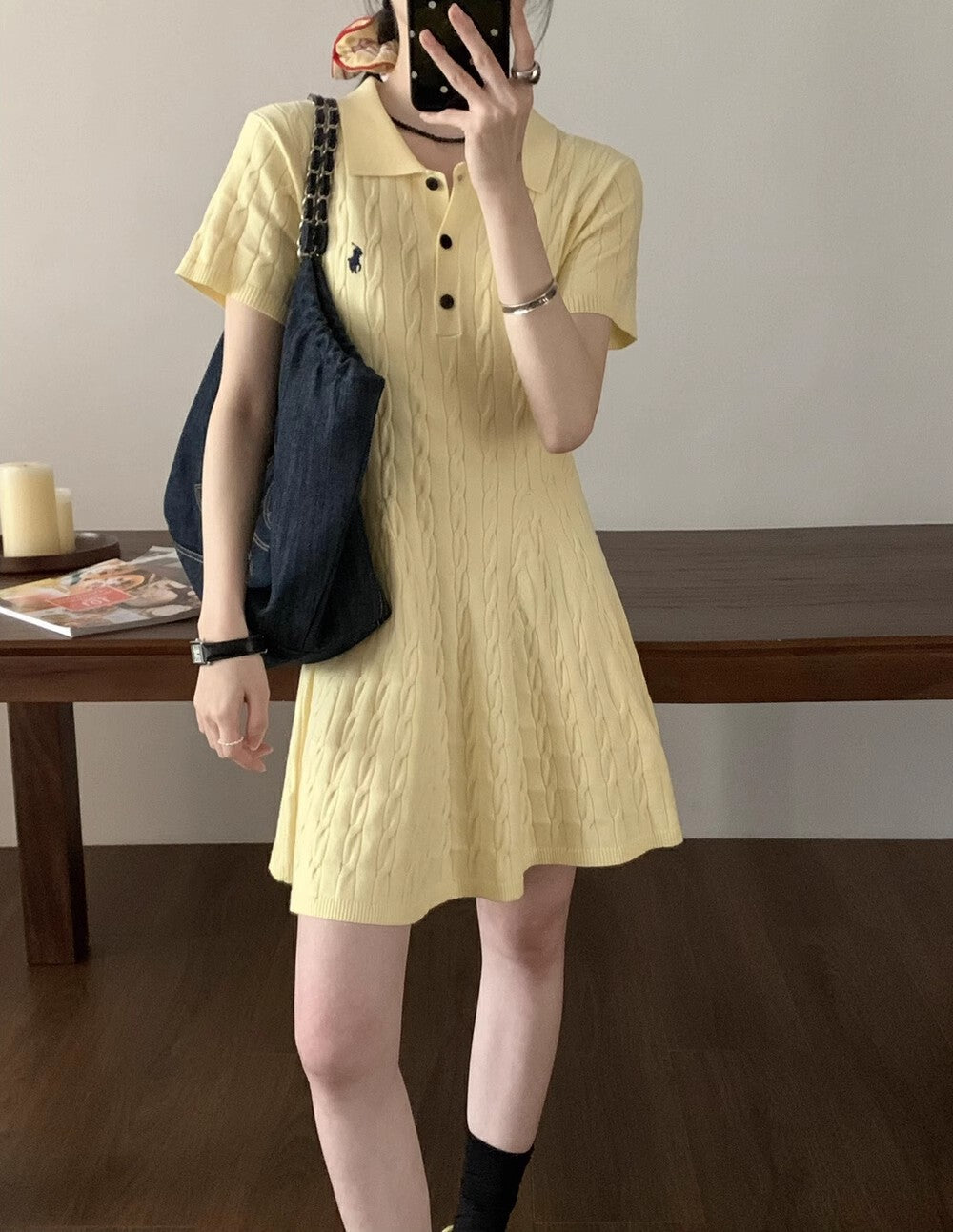 Classic export polo style preppy casual summer cable knit short sleeve knit dress skirt for women