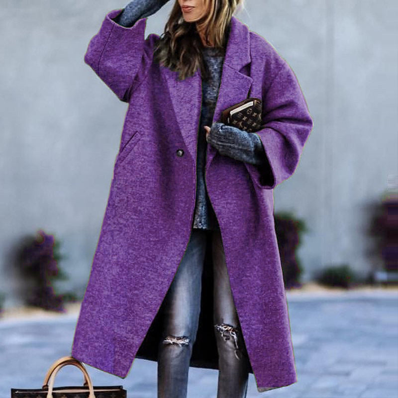 European and american autumn/winter long wool coat - chic, commuter style, beltless, turn-down collar, relaxed fit, wool green coat for women