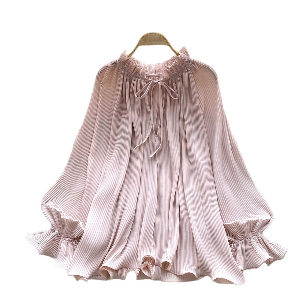 Gentle wind elegant bell sleeve pleated shirt for women autumfrenchlooseslimming lookcasualrufflestops