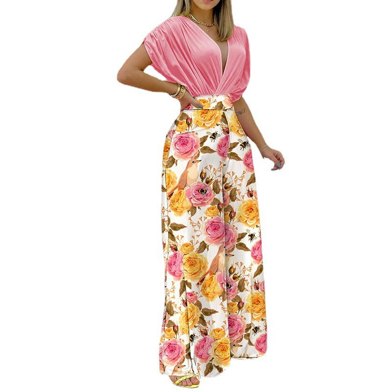 summer new women's clothing: cross-border european and american hot seller - printed batwing sleeve short-sleeve top, versatile and stylish set