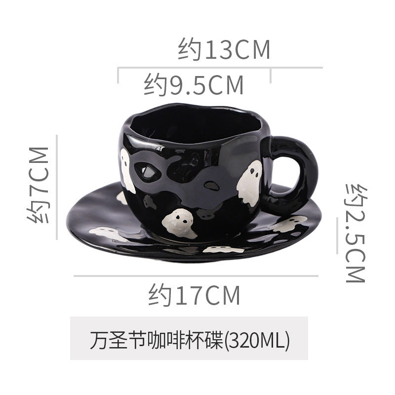 Creative halloween-themed ceramic cup and saucer set, featuring an irregular design with pumpkin and bat motifs. perfect for coffee or tea
