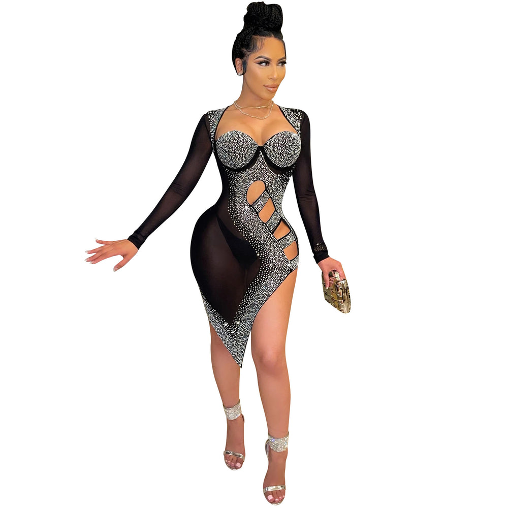 X5207 cross-border new arrival: european and american fashion women's sexy nightclub cutout slit mesh see-through rhinestone dress