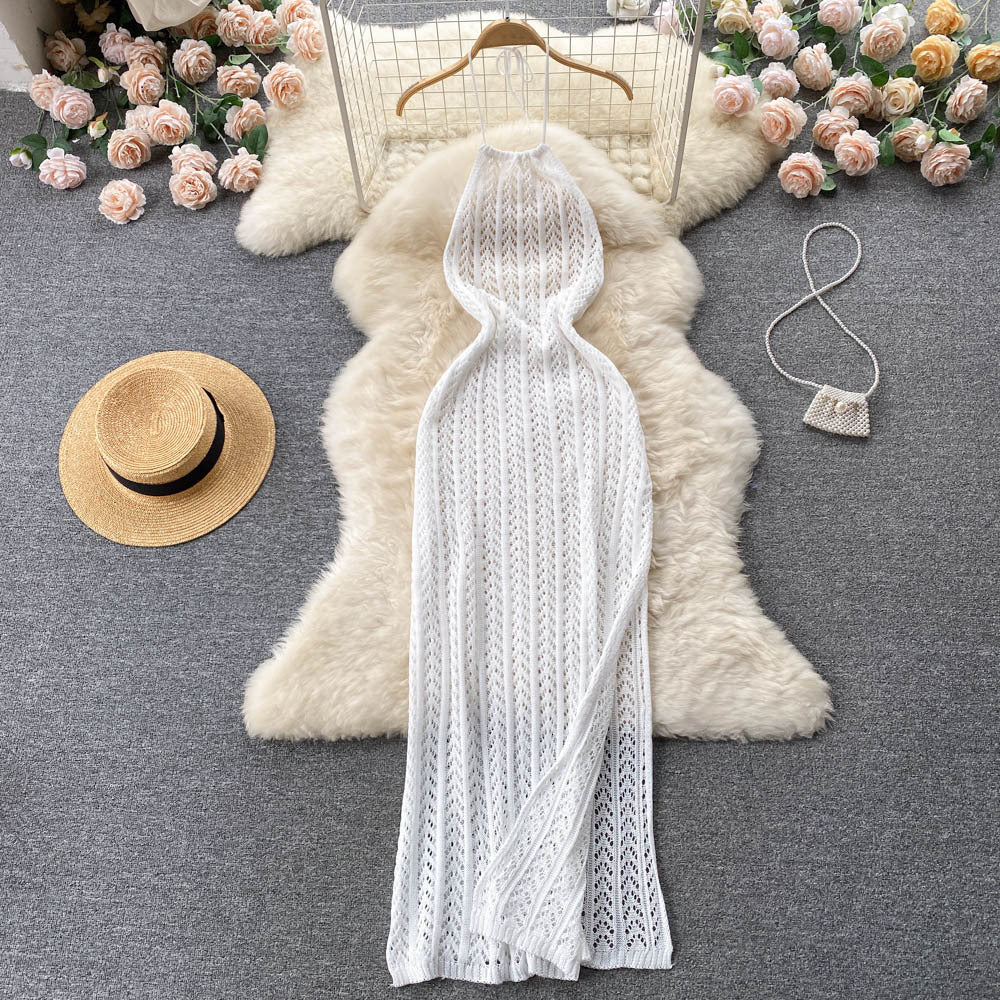 Niche style design classyeleganthalter sleeveless cut outknittingdress women's silm slit vacation dress