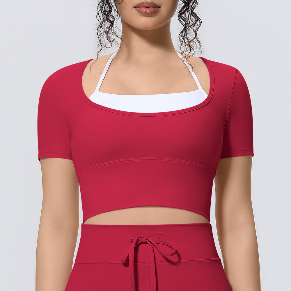 New arrival cross-border nude double-piece fake two-piece pure color short-sleeved t-shirt tops tight sports running fitness yoga clothes