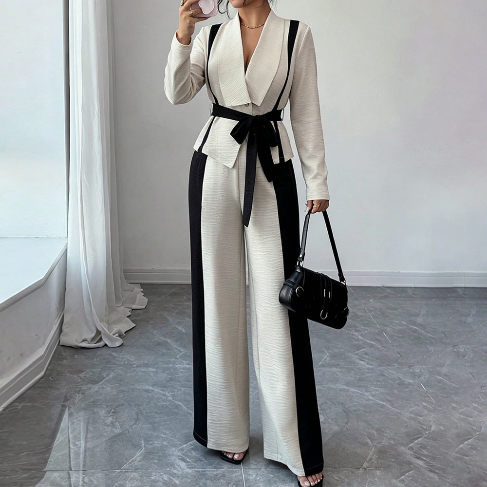 minimalist color block two-piece set: v-neck, tie-waist jacket with black and white wide-leg pants