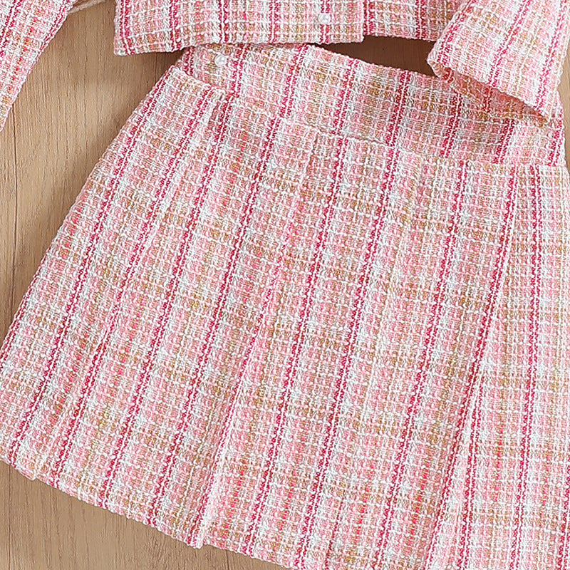 Girls' plaid tweed two-piece outfit: sweet & chic pink gingham style for cross-border e-commerce