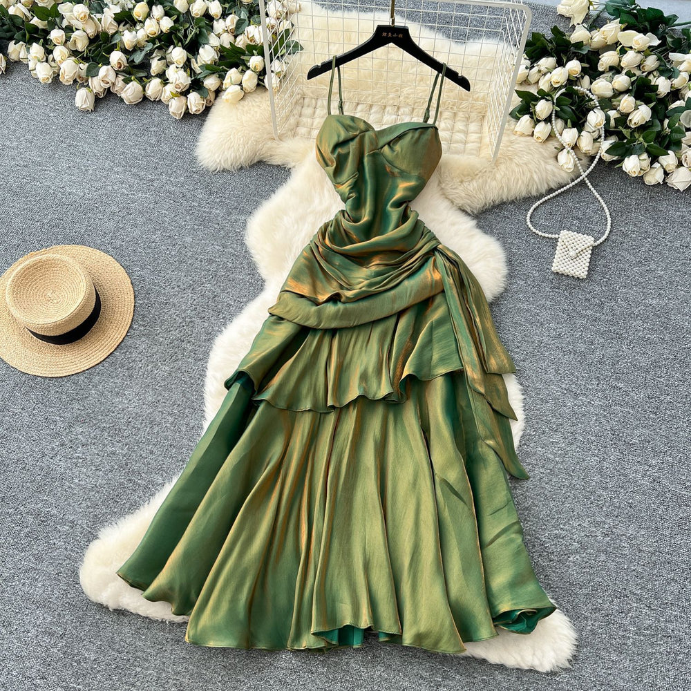 French goddess style design square neck bandeau strap ruched waist ruffle hem mini dress long gown