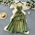 French goddess style design square neck bandeau strap ruched waist ruffle hem mini dress long gown