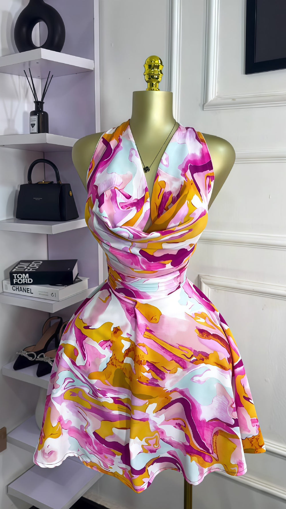 European and american cross-border women's fashion:  autumn new sleeveless off-the-shoulder tie-waist printed mini dress