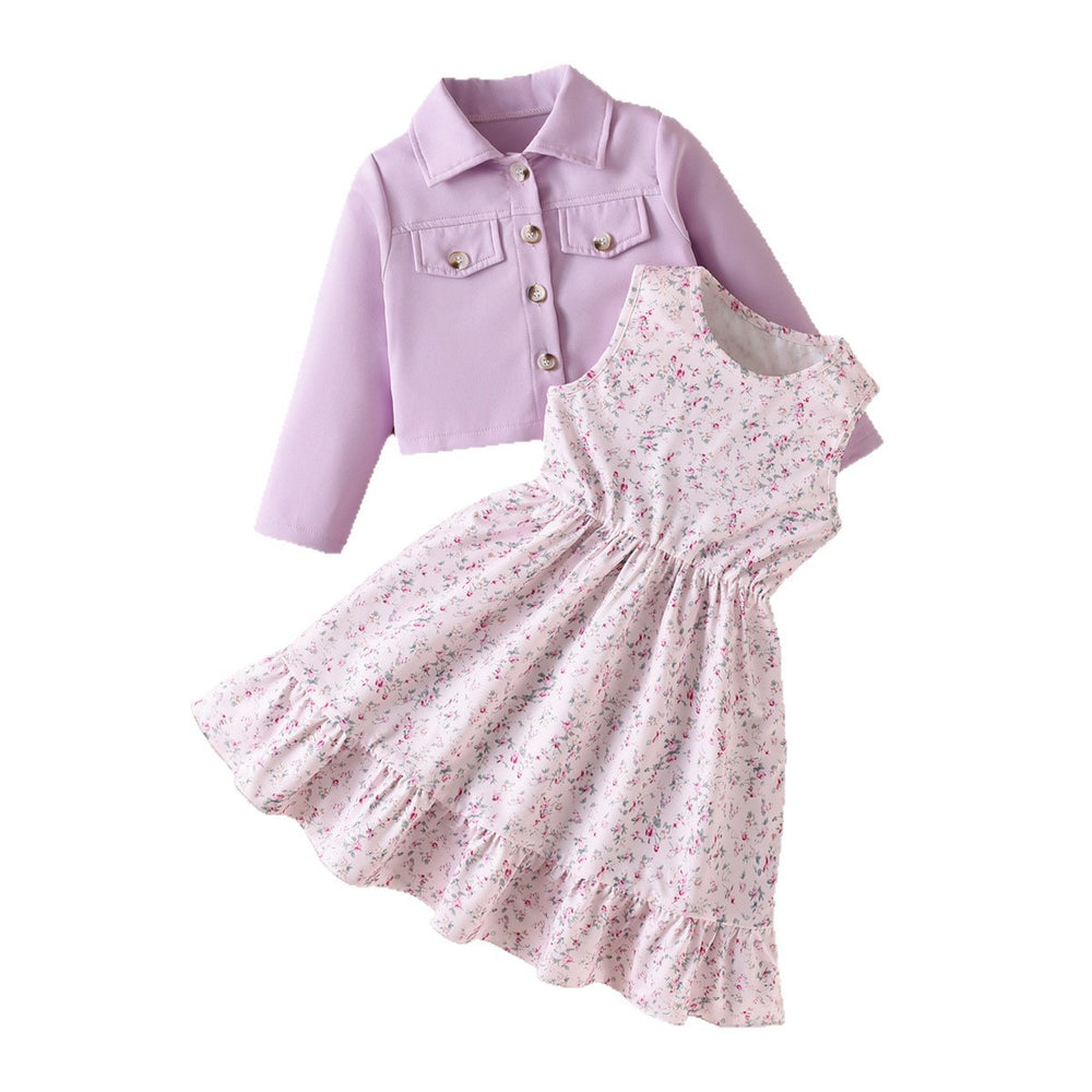 Girls' foreign trade outfit: taro purple turn-down collar jacket & vest with floral dress two-piece set - autumn children's dress