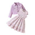 Girls' foreign trade outfit: taro purple turn-down collar jacket & vest with floral dress two-piece set - autumn children's dress