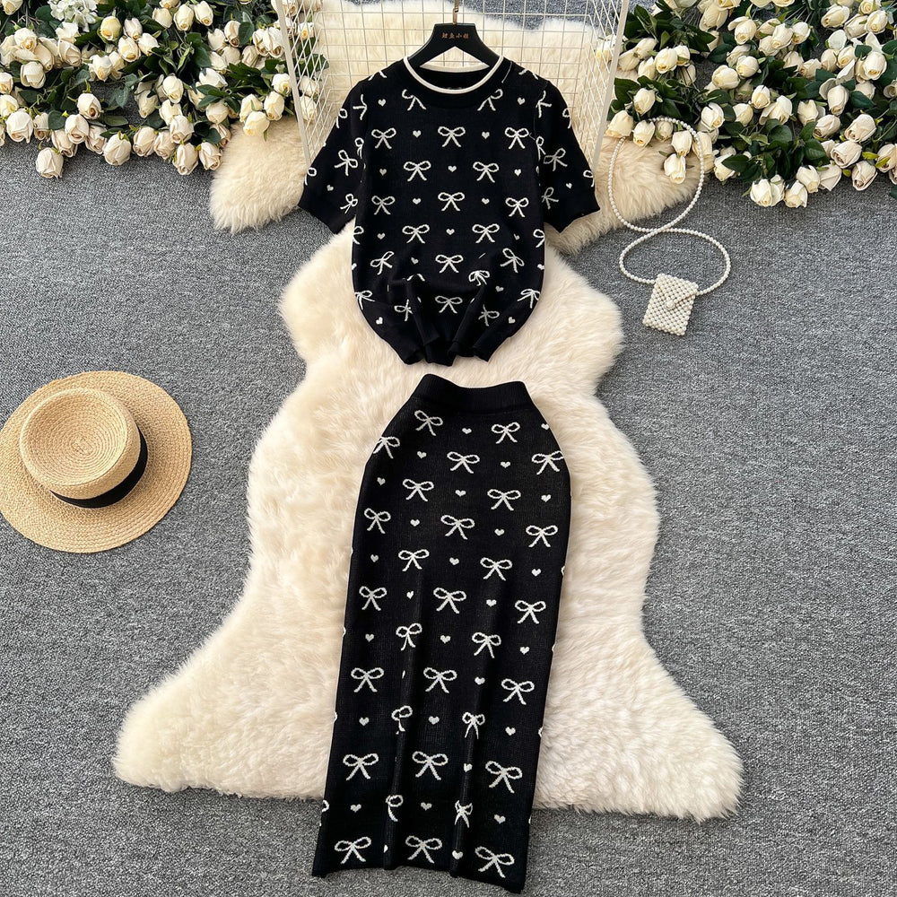 Knitted set for women, summer : premium round neck short sleeve top with bow print & high-waisted bodycon midi skirt