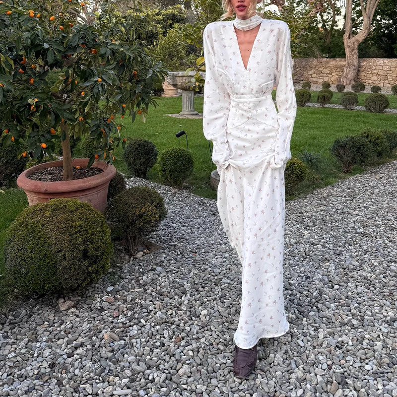 summer new women's clothing: cross-border export fashionable european and american style dress - elegant v-neck printed maxi dress