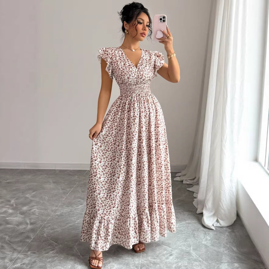 new cross-border women's fashion french & european style printed maxi dress