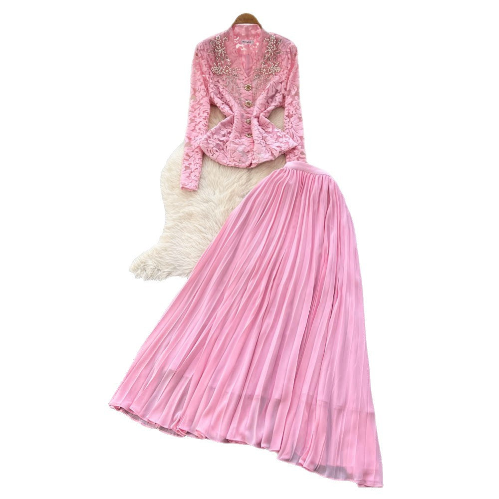 French chic lace v-neck cardigan & high-waisted pleated skirt set - autumn's elegant & sophisticated two-piece