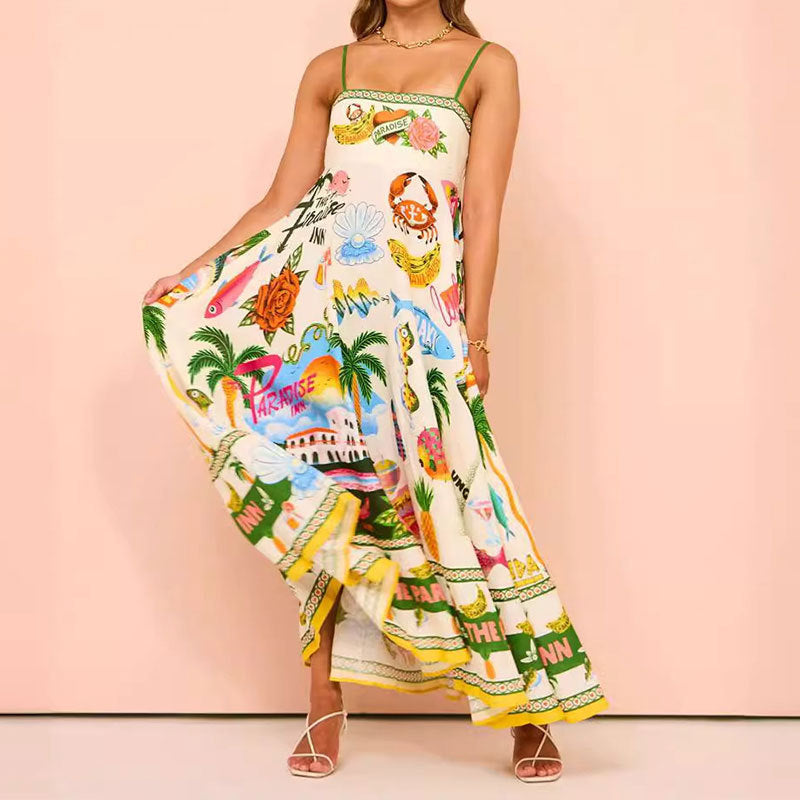 new european and american cross-border women's fashion sexy camisole graffiti linen print maxi dress - style 661