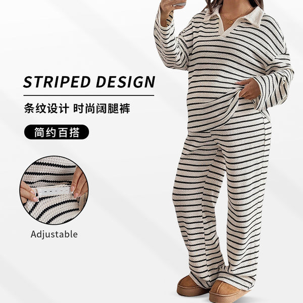 2025  Europe, America, autumn and winter striped lapel fashion knitted loose long-sleeved top casual trousers maternity suit