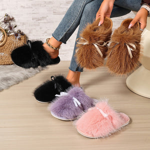 Winter fleece-lined slippers for women, flat indoor home slippers, non-slip warm plush slippers, women's fashion bow slippers