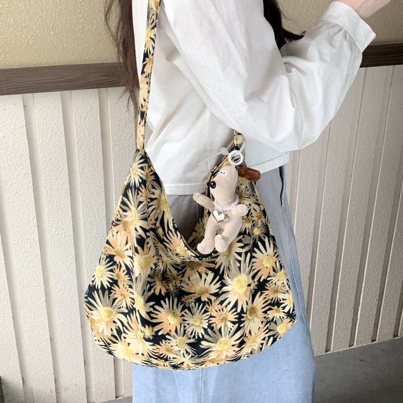 Cross-border new broken flower canvas bag messenger bag shopping bag fashion trend large capacity casual versatile women's shoulder bag