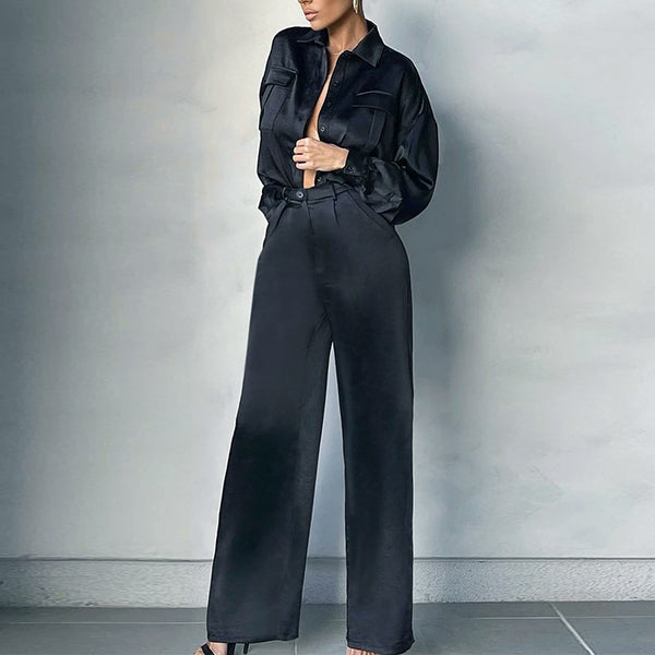 European and American new elegant light and mature wind loose two-piece set women's solid color button-down lapel top high-waisted straight pants set
