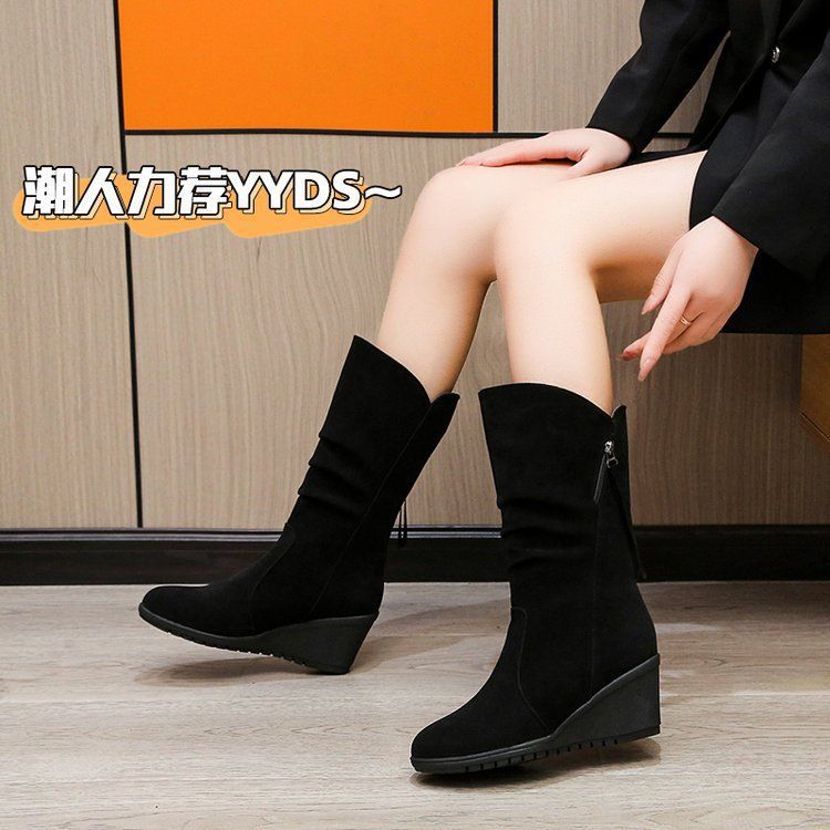 fall and winternew arrivalknee socks suede flatshidden heel boots round toe sleeve fleece-linedheattech women's boots cross-border