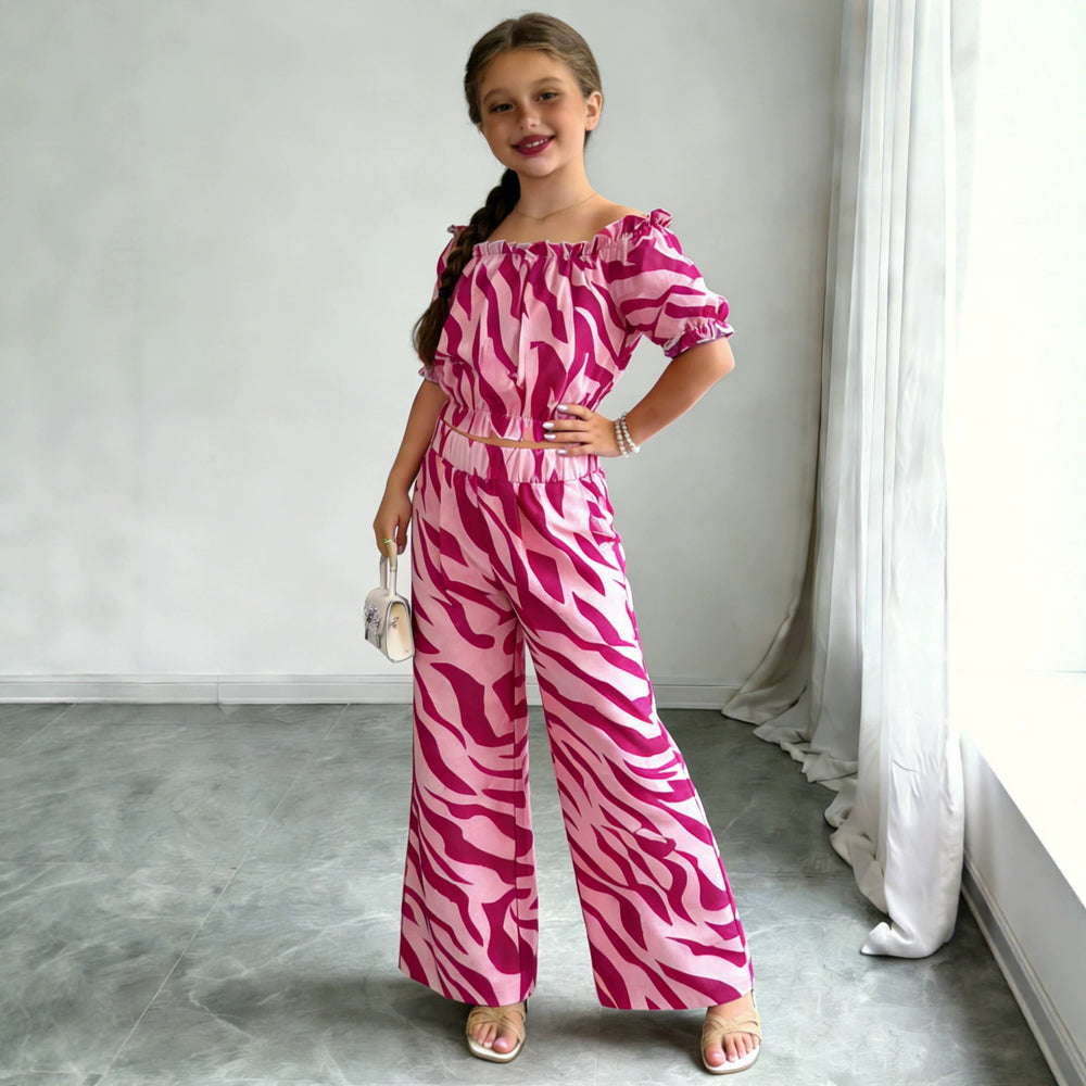 girls' fashion two-piece set: multi-colored zebra print off-the-shoulder cinched waist top and high-waisted wide-leg pants kids' outfit