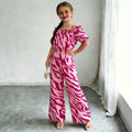 girls' fashion two-piece set: multi-colored zebra print off-the-shoulder cinched waist top and high-waisted wide-leg pants kids' outfit