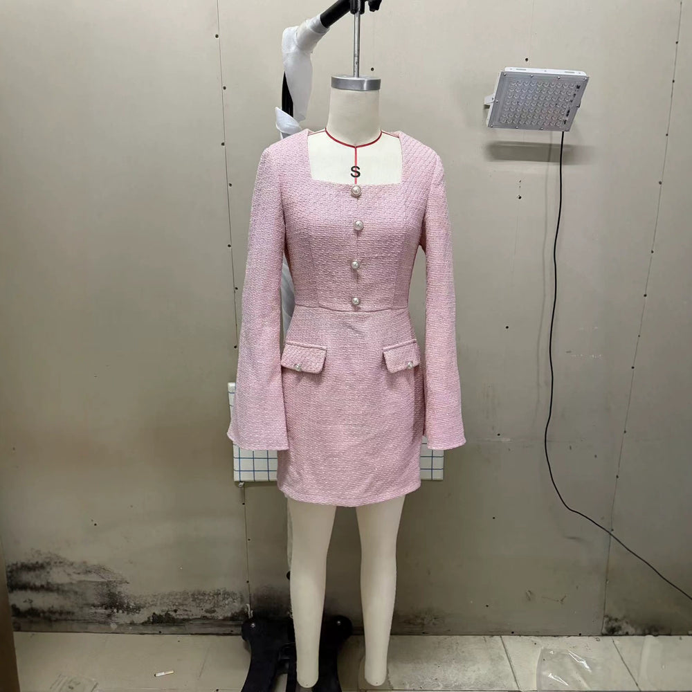 summer new arrival: black puff sleeve square neck tweed fitted waist vintage dress