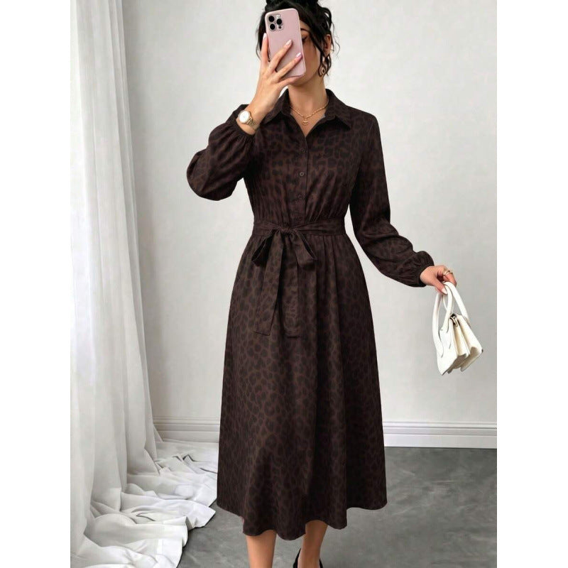 fashioneleganceautumtie back design lapel long sleeves button printing medium longdress women
