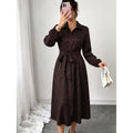 fashioneleganceautumtie back design lapel long sleeves button printing medium longdress women