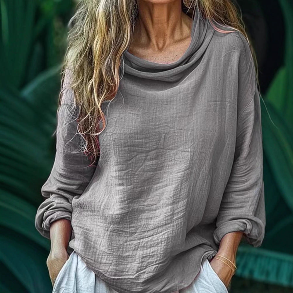 European and American  spring new women's clothing casual loose fashion long-sleeved solid color stacked collar pullover pleated top