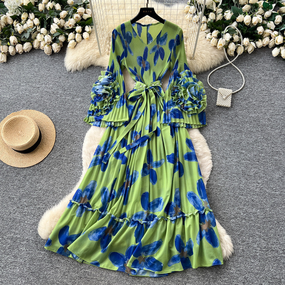 French printing women's long sleevesstereo flower v neck waist dress slimming look holiday style long skirtelegant