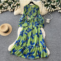 French printing women's long sleevesstereo flower v neck waist dress slimming look holiday style long skirtelegant
