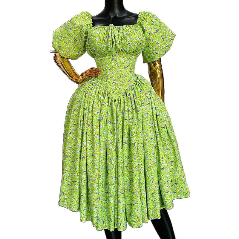 European and american cross-border women's fashion:  summer new arrival - fresh floral print, tie-waist, high-waisted, green midi dress