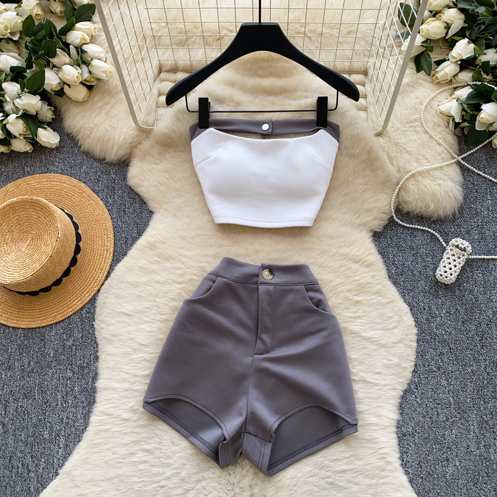 Lazy style contrast colortube top vest high waistshortstwo-piece set female summer popular fashionslimming looksexywork clothingsuit