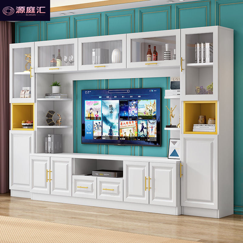 Solid wood tv stand - high capacity, large storage, stylish design - integrated living room light luxury background wall tv cabinet