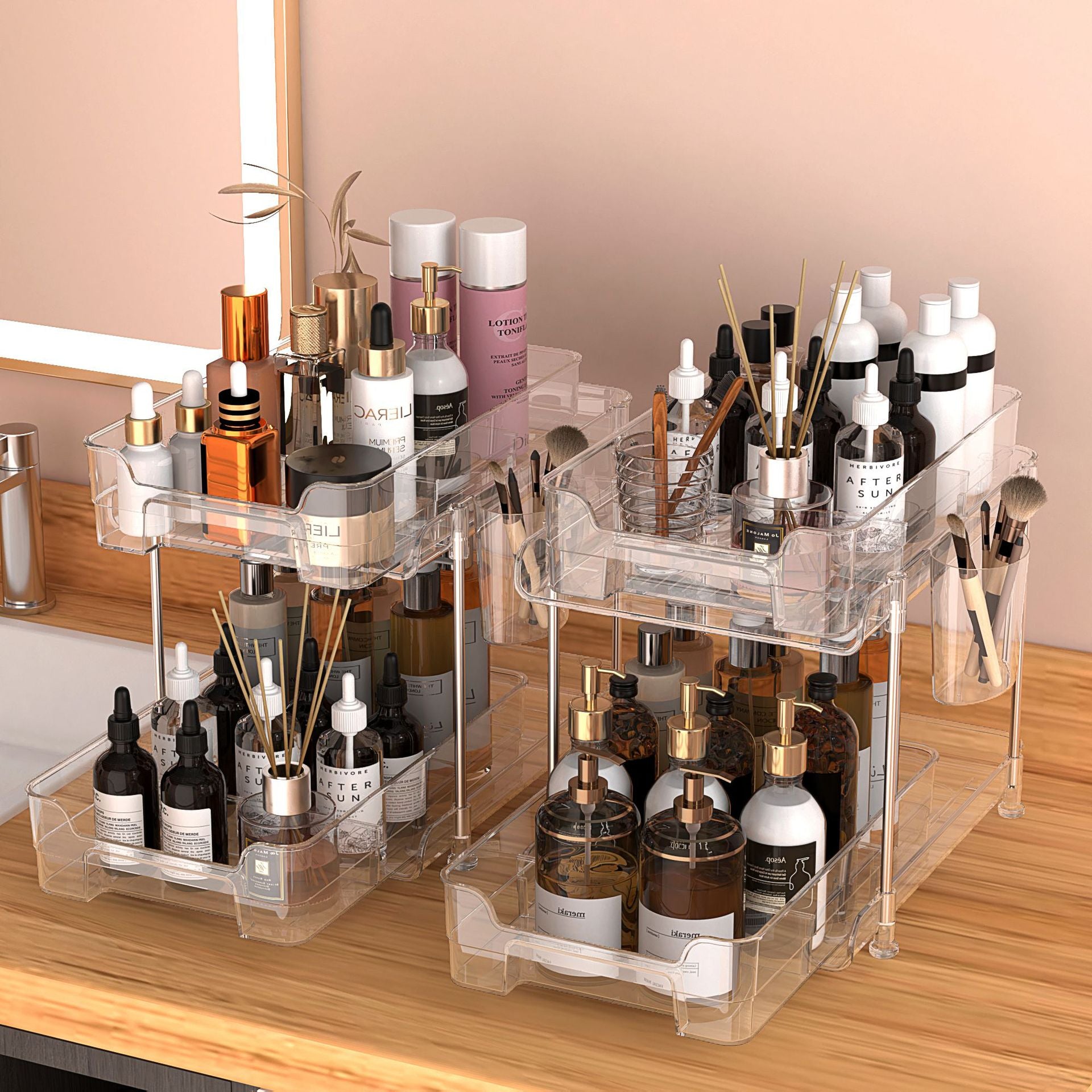 Double Drawer Shelf PET Cosmetics Storage Box Desktop Multipurpose Transparent Pull Finishing