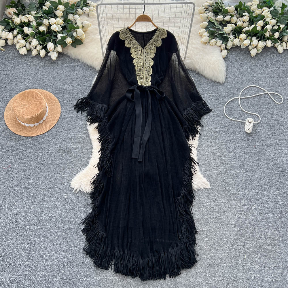 Fashionfashionableheavy industrylacepatchworkv neckbat sleeve strap waist dress women's vacation style tassel long skirt