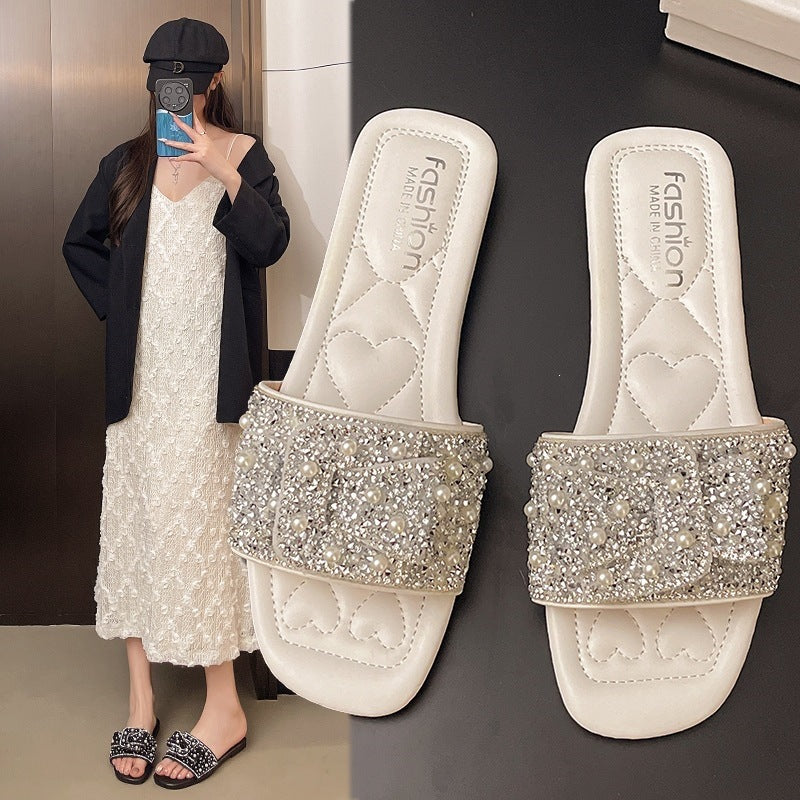 Plus size women's slides for export -  summer new arrivals: european & american fashion rhinestone flat one-strap sandals