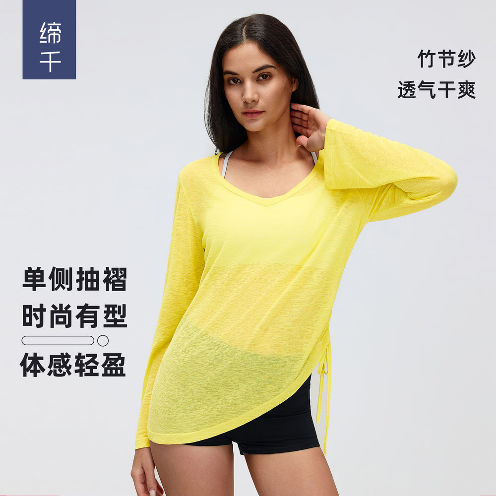 Loose-fit women's long-sleeve sports top - v-neck drawstring waist slimming yoga shirt - casual fitness long-sleeve tee d26100