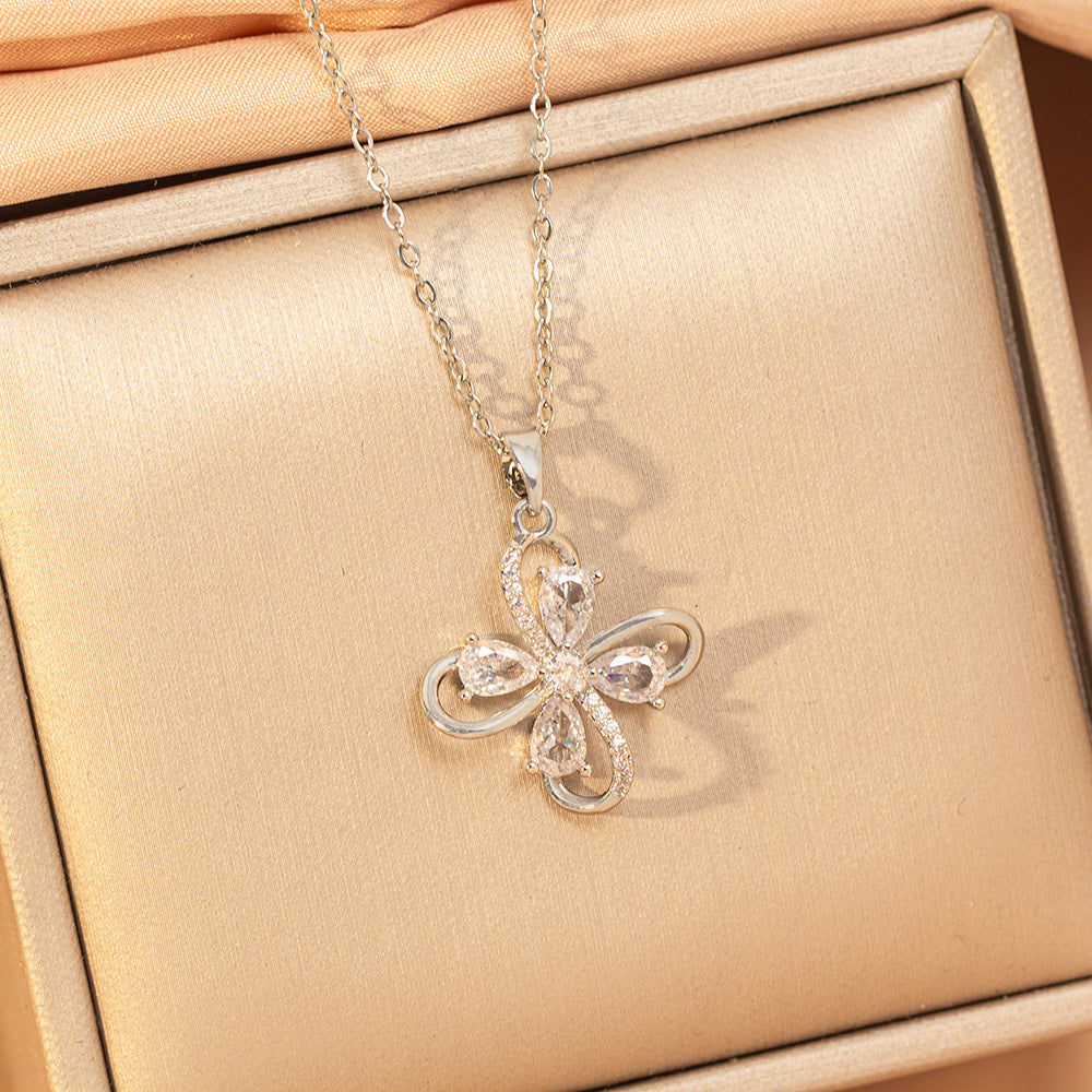【titanium steel】hot-selling korean & japanese style hollow flower necklace - women's high-end, unique, and light luxury copper-inlaid zircon clavicle chain jewelry
