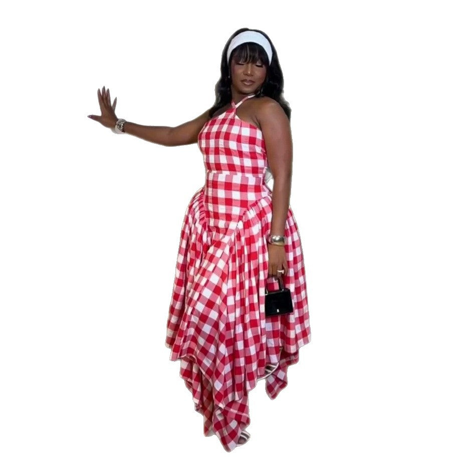 European and american cross-border african women's clothing  summer new fashion trend halter plaid asymmetrical slip dress