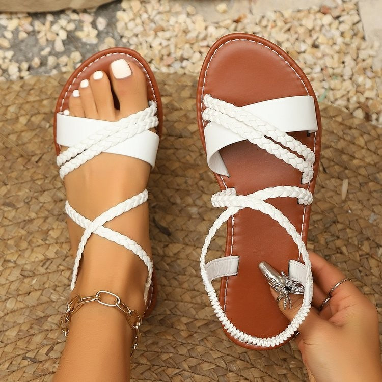 Exportplus size25summernew arrival woven open toe flats sandals women's fashionoutwear elastic band beach sandals