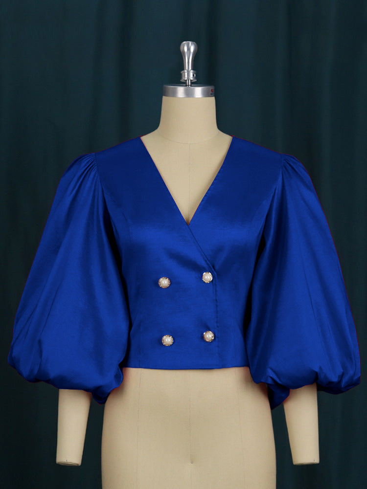Am211114v neck lantern sleeve button cardigan silmshort party women's shirt tops