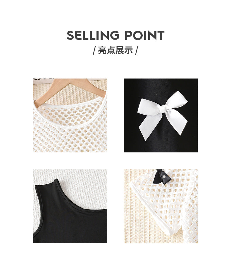 Exportsummergirlsuit black and white mesh blouse slanted shoulder suspender skirt bows sweet cool style kidsdress