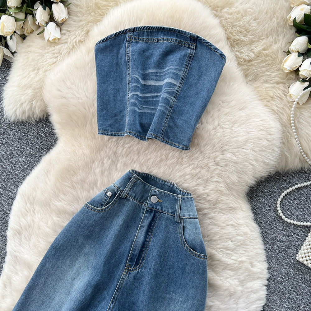 Retro denim casualcasual light mature style two-piece set women's summerhigh waistloose pantsslimming lookstraight-leg vest suit