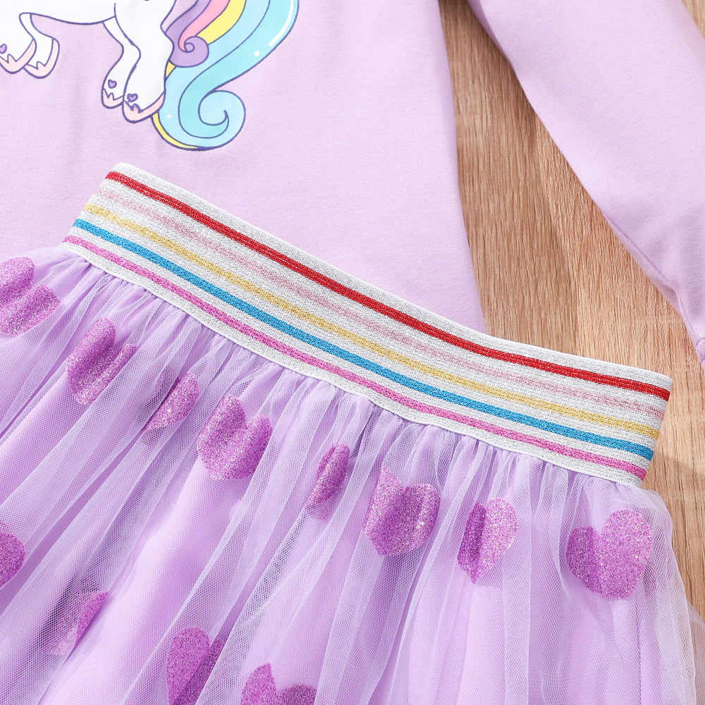 New girls' long-sleeve crewneck unicorn top + mesh heart skirt set