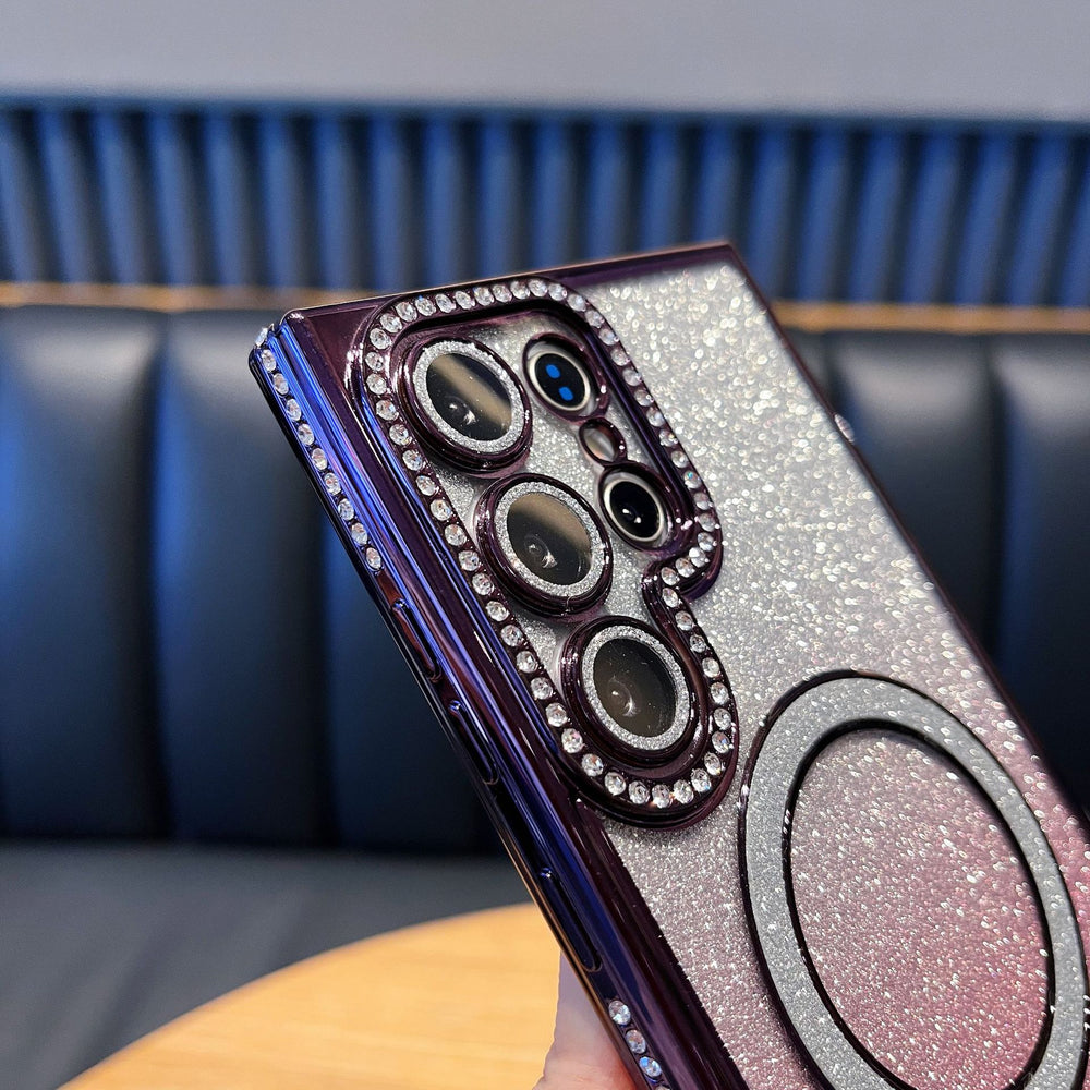 Rhinestone-embellished magnetic glitter case for samsung s25 ultra, s26 plus, with diamond-studded lens protector and a16 case