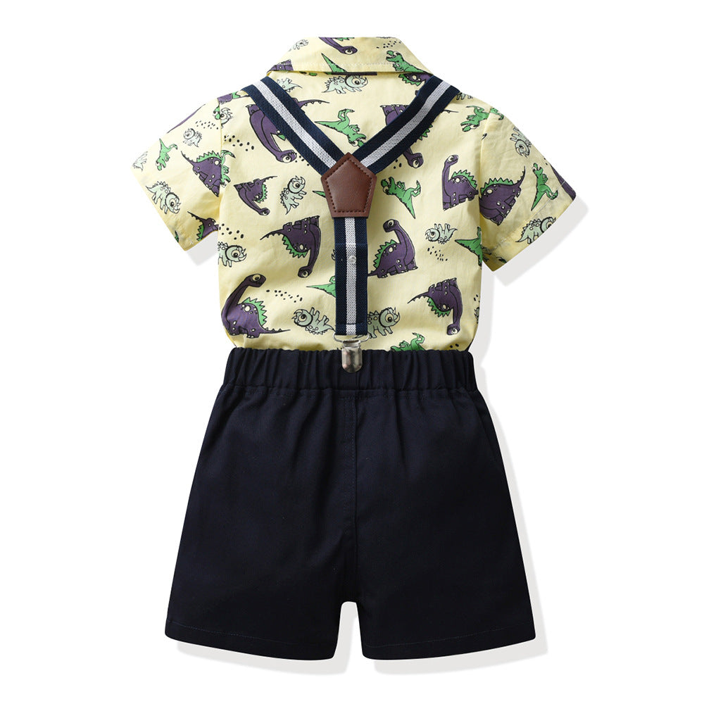 European and american cross-border new children's short-sleeve shirt printed boy's outfit cartoon dinosaur overalls gentleman's first birthday dress